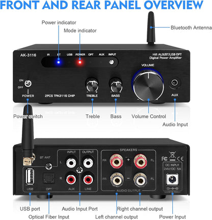 AK3116 HiFi-Verstärker mit Bluetooth 5.0, Mini Stereo Audioverstärker USB,AUX,BT