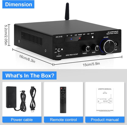 AK3116 HiFi-Verstärker mit Bluetooth 5.0, Mini Stereo Audioverstärker USB,AUX,BT
