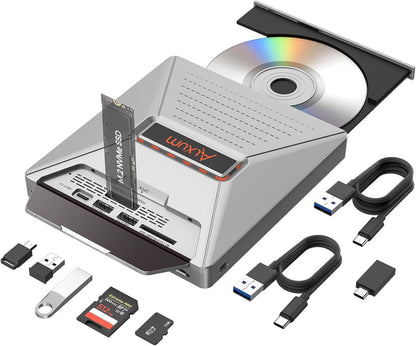 Alxum Externes DVD CD Laufwerk mit M.2 NVMe–10Gbps & SD/Micro SD Kartenslot,