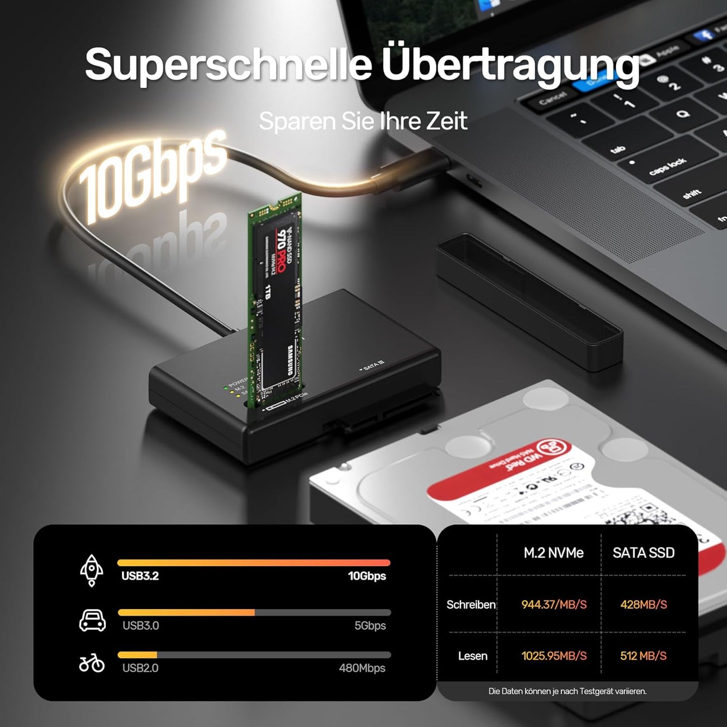 Alxum M2 NVME Gehäuse und SATA Adapter, 10Gbps M2 SSD Gehäuse,USB 3.2 Typ C M.2 SSD