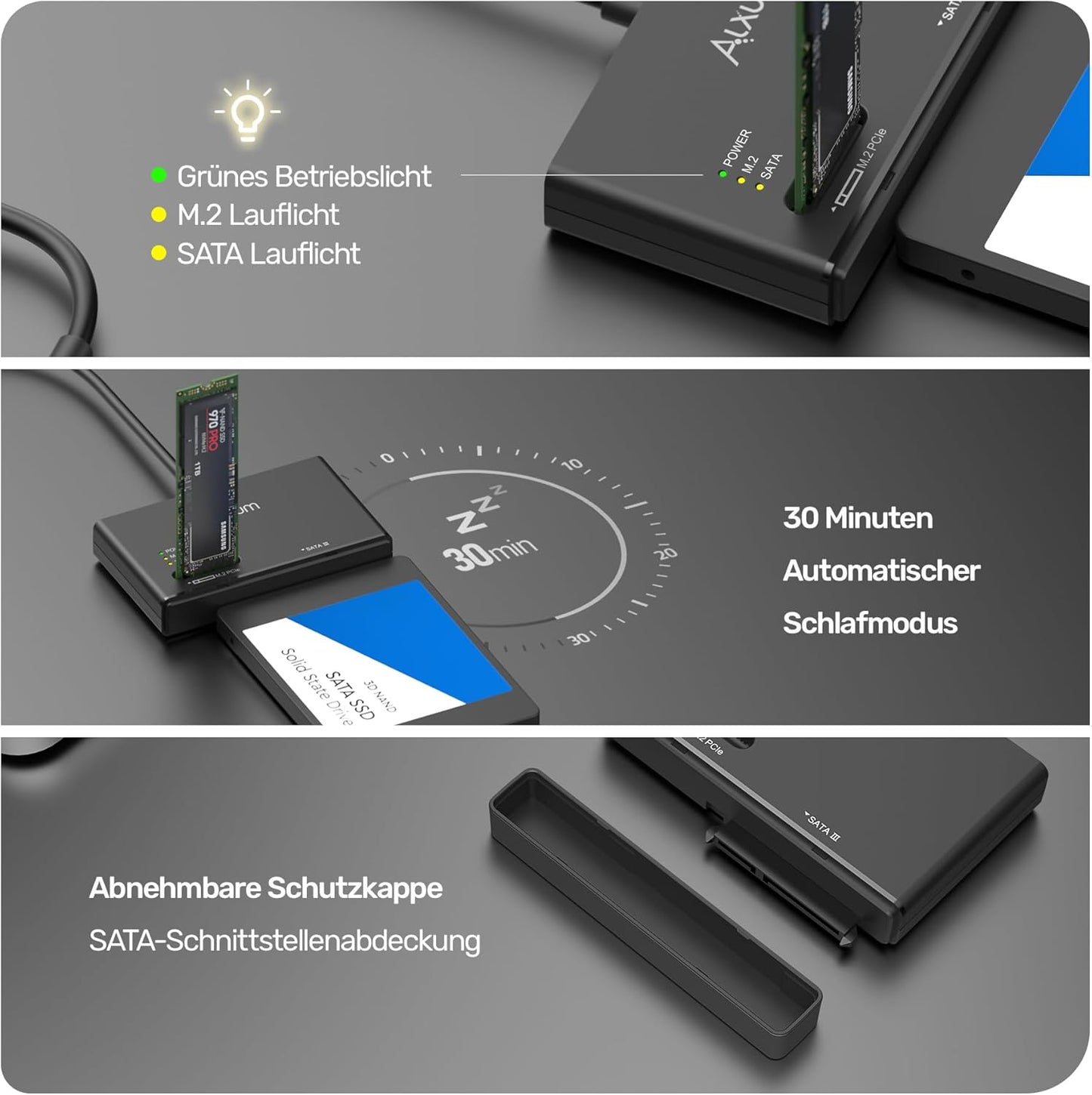 Alxum M2 NVME Gehäuse und SATA Adapter, 10Gbps M2 SSD Gehäuse,USB 3.2 Typ C M.2 SSD