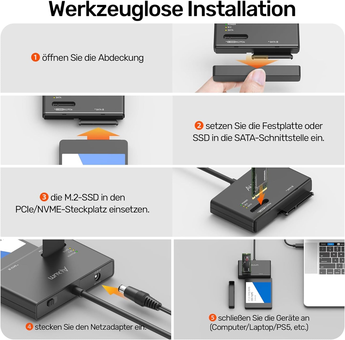 Alxum M2 NVME Gehäuse und SATA Adapter, 10Gbps M2 SSD Gehäuse,USB 3.2 Typ C M.2 SSD