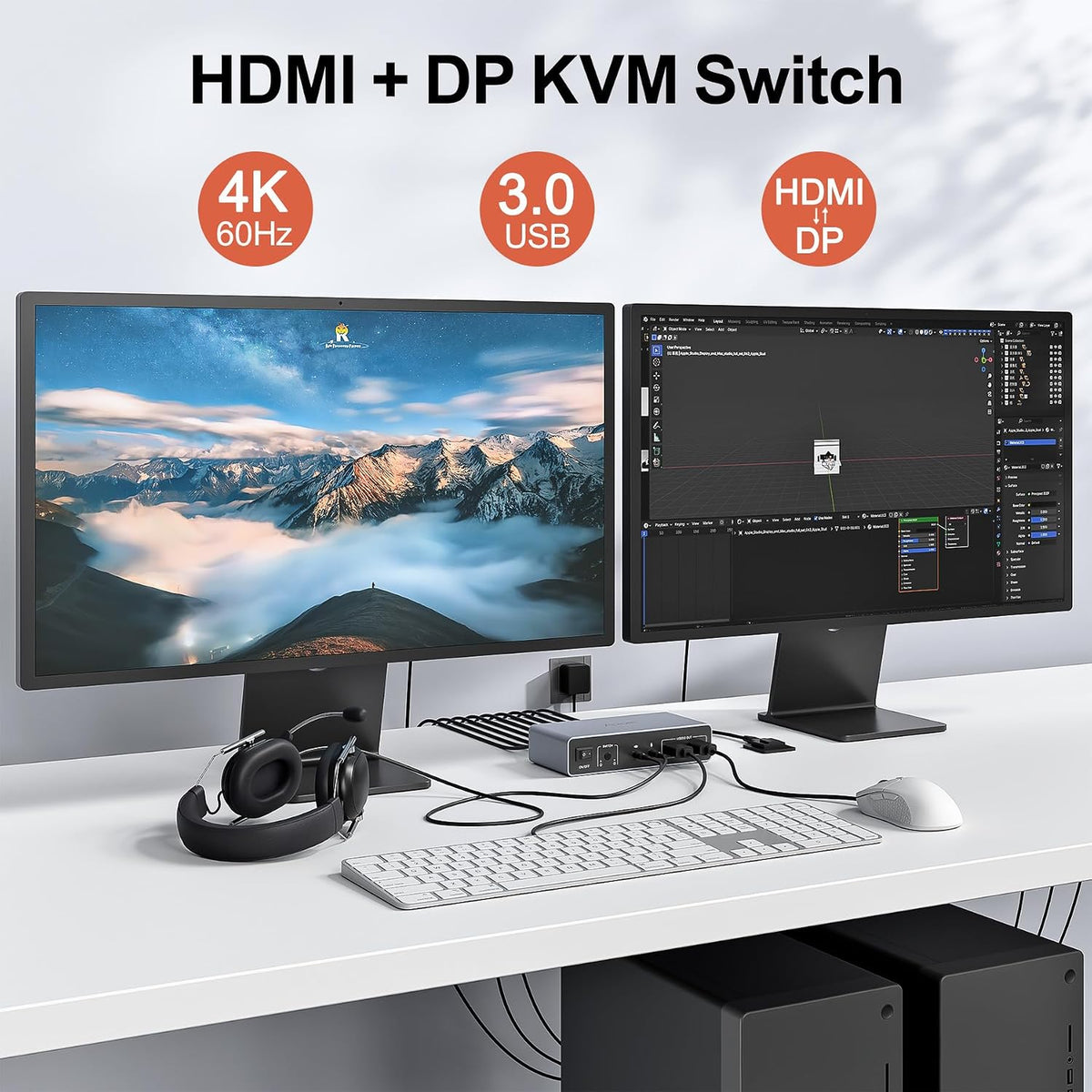 Alxum Displayport HDMI KVM-Switch 4K@60Hz für 2 PCs & 2 Monitore mit USB,