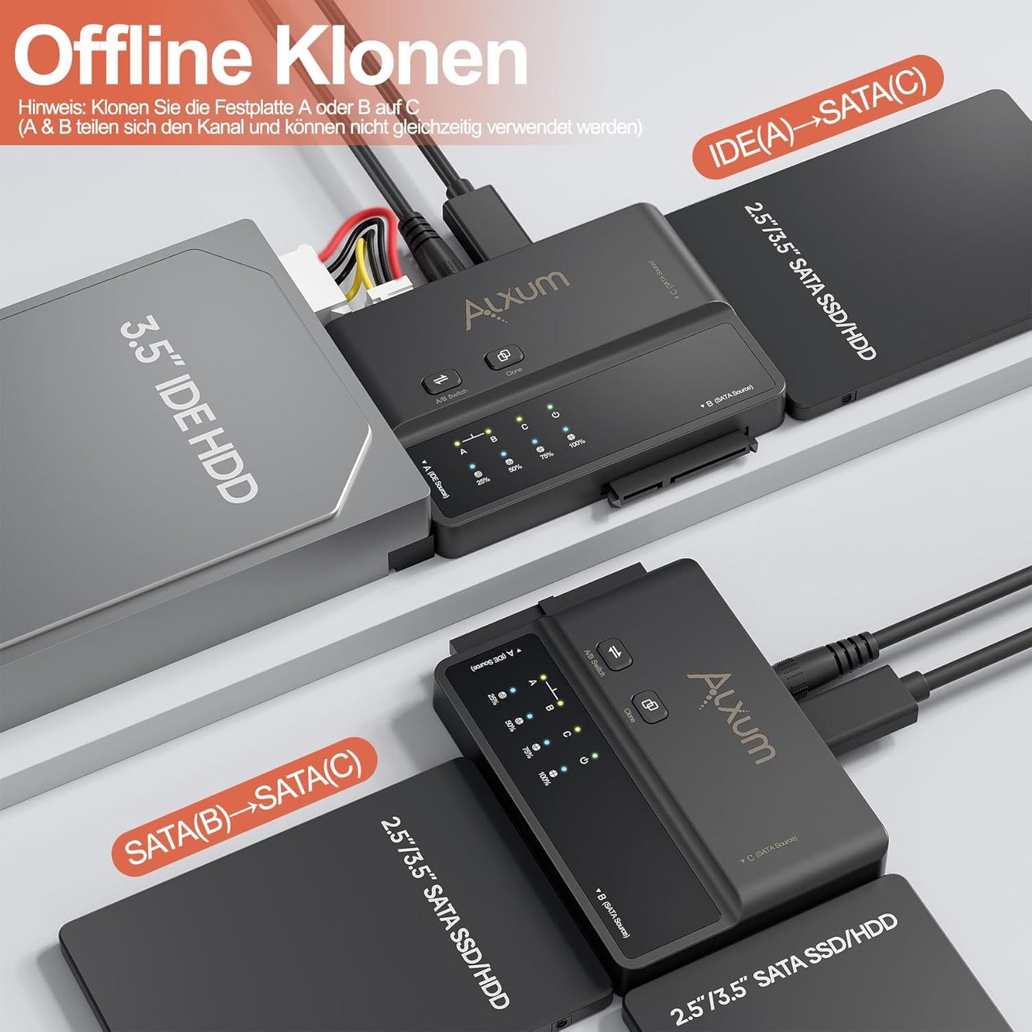 Alxum IDE & SATA Adapter, USB Type-C 5Gbps Festplatten Adapter mit Clone
