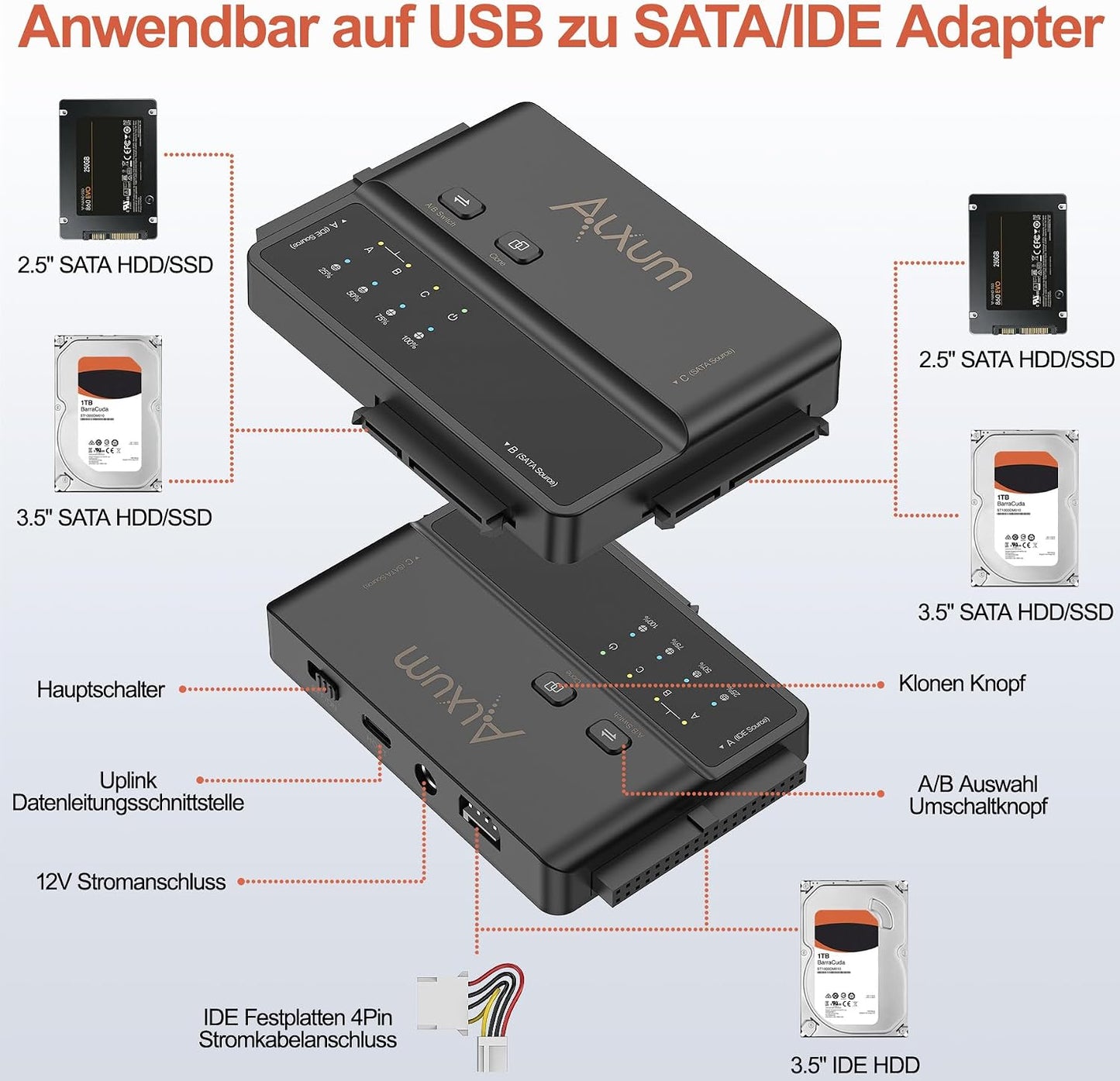 Alxum IDE & SATA Adapter, USB Type-C 5Gbps Festplatten Adapter mit Clone
