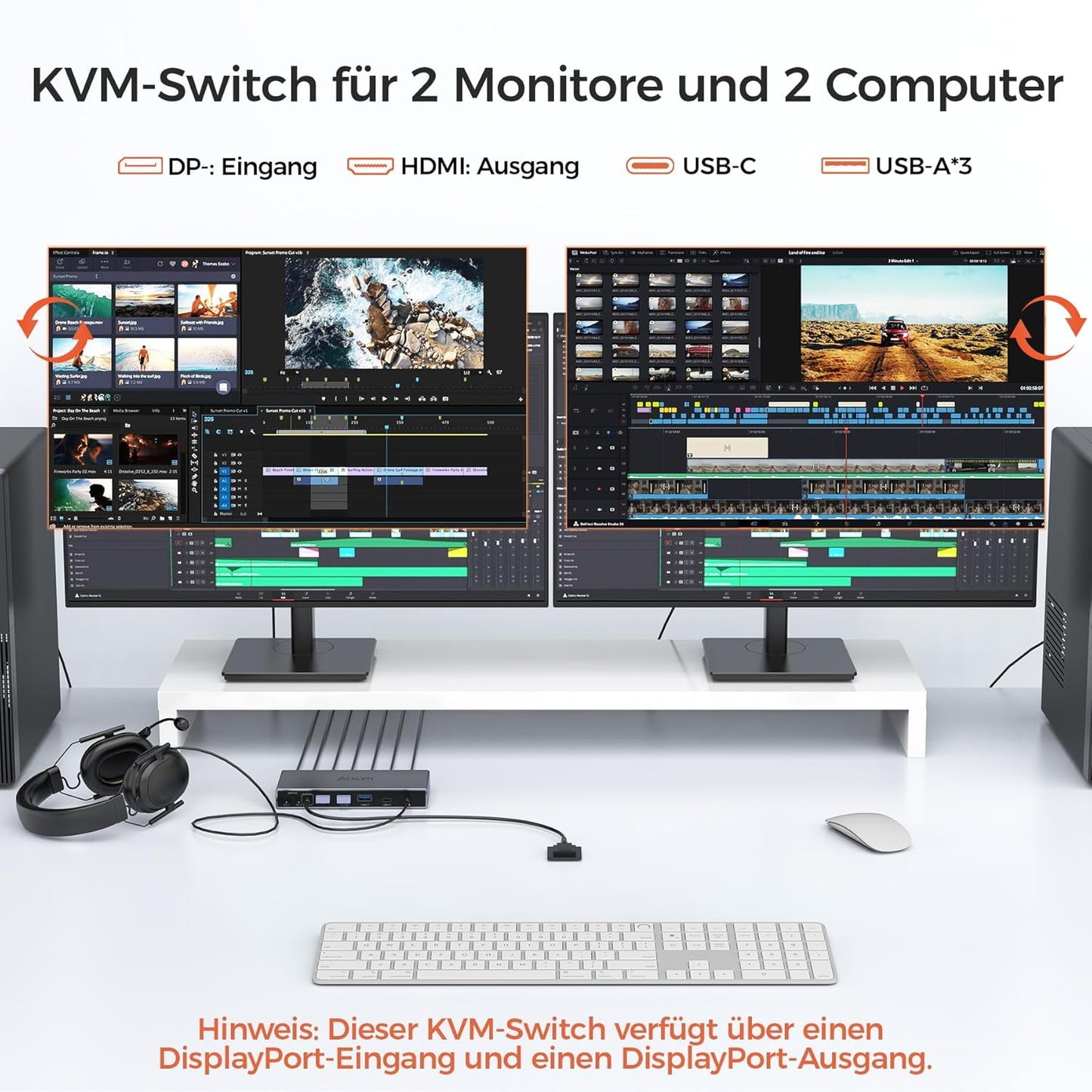 Alxum KVM Switch für 2 PC 2 Monitore, 2xDisplayPort in,2xHDMI Switch out