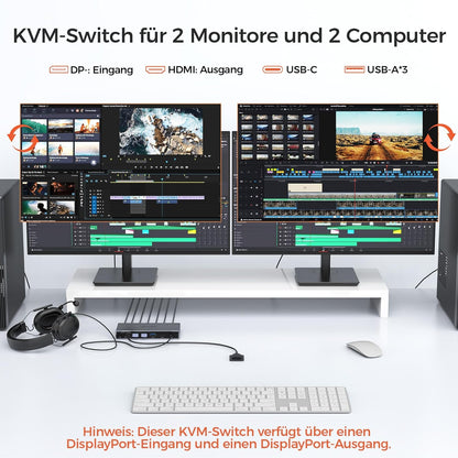 Alxum KVM Switch für 2 PC 2 Monitore, 2xDisplayPort in,2xHDMI Switch out