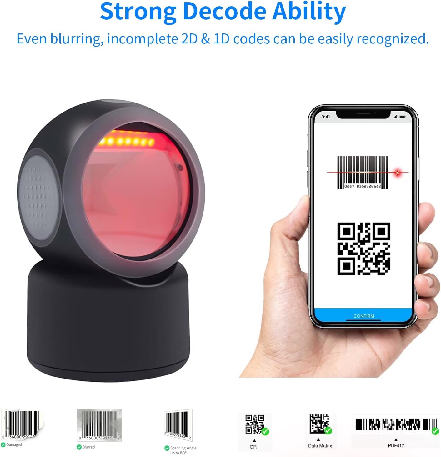 Alacrity 2D 1D QR Desktop Barcode Scanner USB Wired Barcode-Leser,Schwarz
