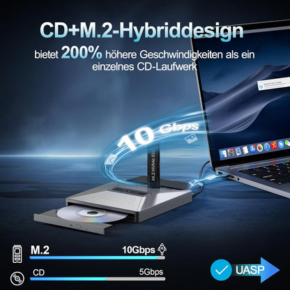 Alxum Externes DVD CD Laufwerk mit M.2 NVMe–10Gbps & SD/Micro SD Kartenslot,