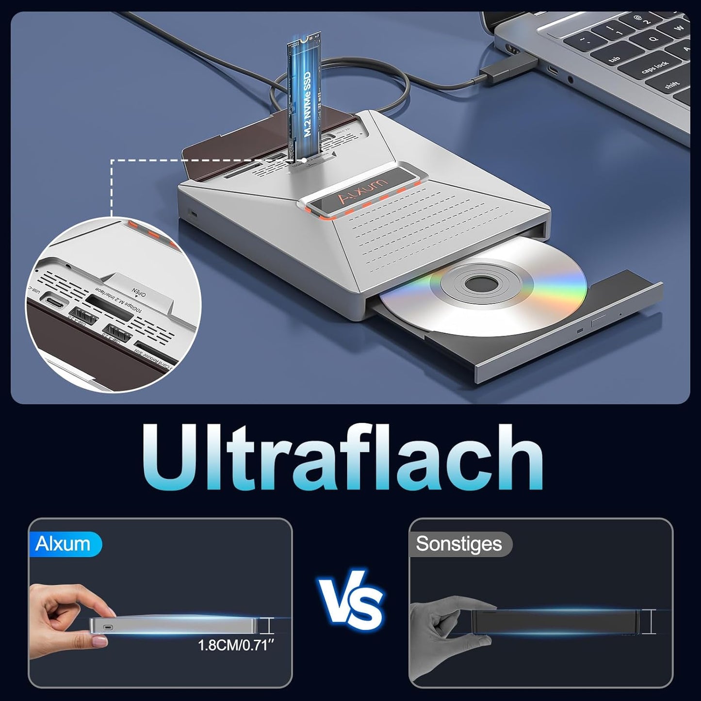 Alxum Externes DVD CD Laufwerk mit M.2 NVMe–10Gbps & SD/Micro SD Kartenslot,