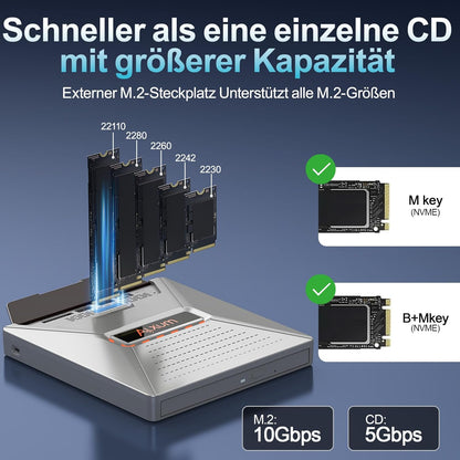 Alxum Externes DVD CD Laufwerk mit M.2 NVMe–10Gbps & SD/Micro SD Kartenslot,