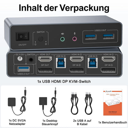 Alxum Displayport HDMI KVM-Switch 4K@60Hz für 2 PCs & 2 Monitore mit USB,