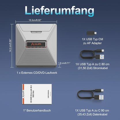 Alxum Externes DVD CD Laufwerk mit M.2 NVMe–10Gbps & SD/Micro SD Kartenslot,