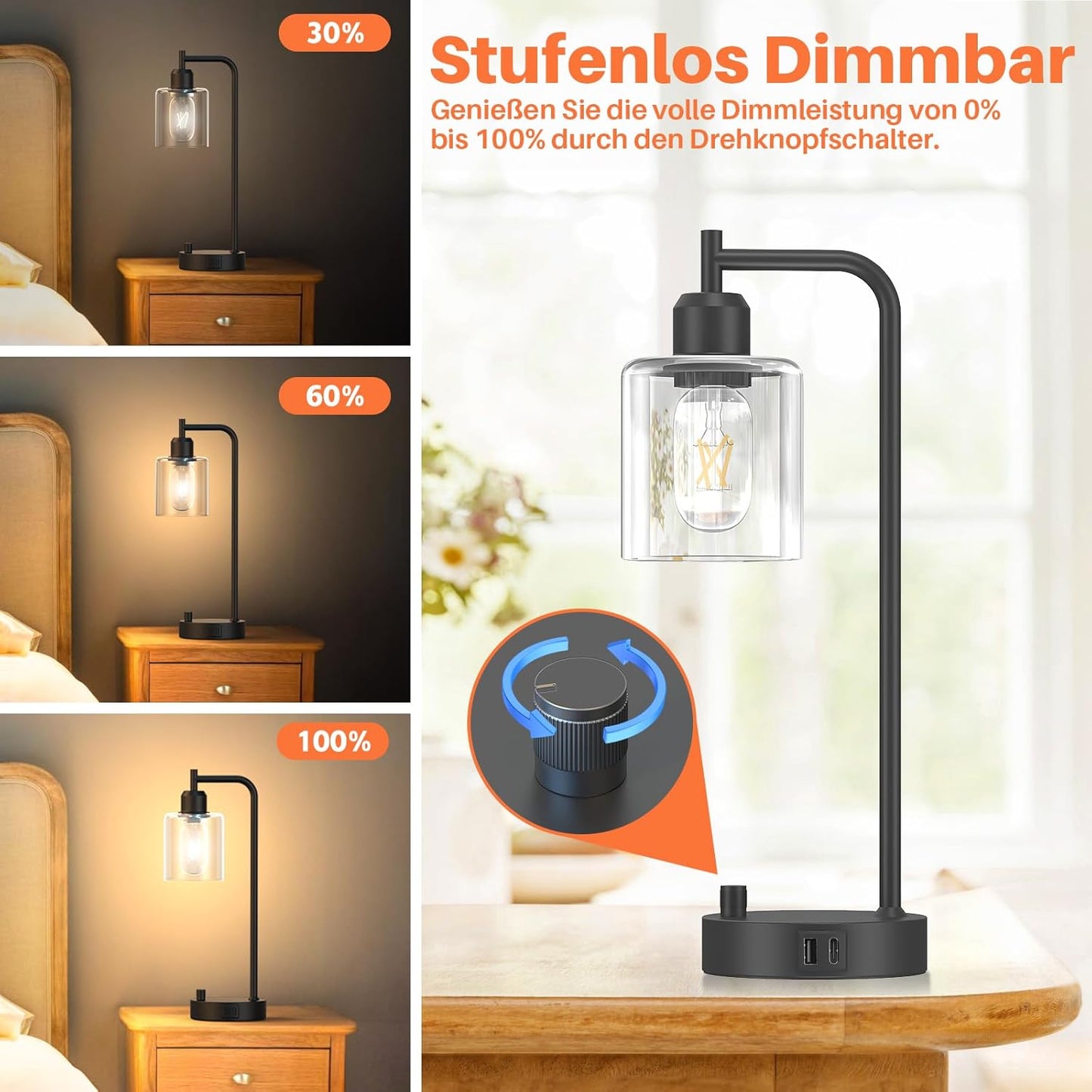 Amazefun Dimmbare Nachttischlampe 2er Set,mit Ladefunktion USB A+C-Anschlüssen Steckdosen 2 LED Birnen