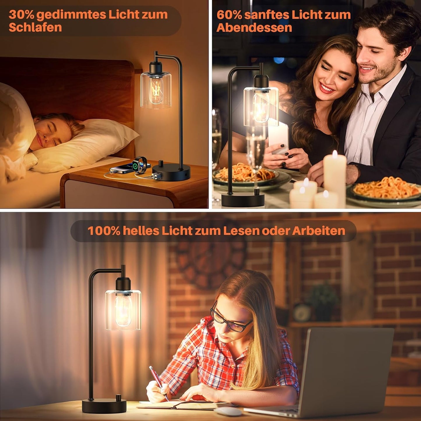 Amazefun Dimmbare Nachttischlampe 2er Set,mit Ladefunktion USB A+C-Anschlüssen Steckdosen 2 LED Birnen