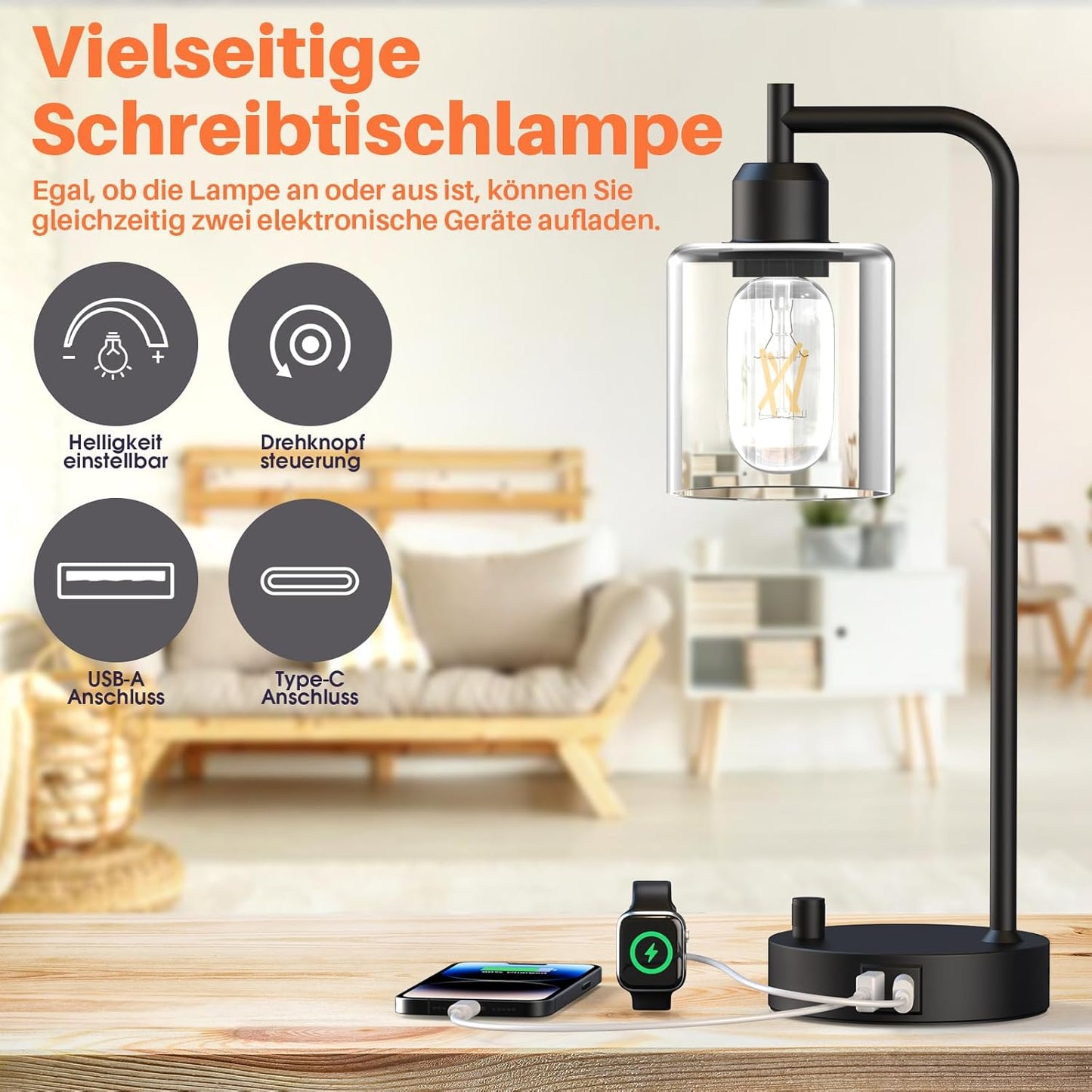 Amazefun Dimmbare Nachttischlampe 2er Set,mit Ladefunktion USB A+C-Anschlüssen Steckdosen 2 LED Birnen