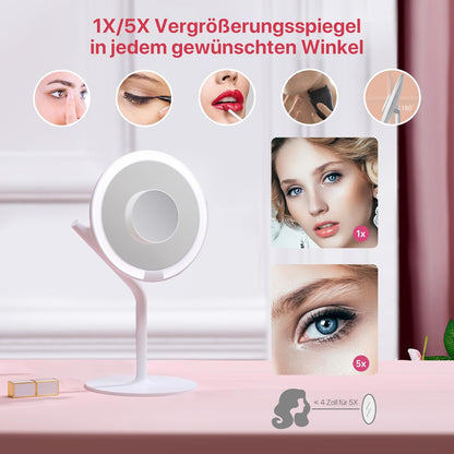 AMIRO Wiederaufladbarer Schminkspiegel mit Licht,Verstärkung, 1/5-fache Vergrößerung, doppelter(Weiß)