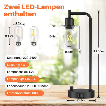 Amazefun Dimmbare Nachttischlampe 2er Set,mit Ladefunktion USB A+C-Anschlüssen Steckdosen 2 LED Birnen