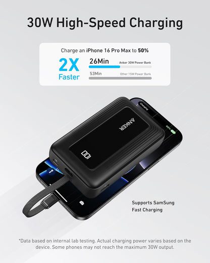 Anker Zolo Power Bank, 20.000 mAh, 30W mit integriertem USB-C-Kabel, 1 USB-C- und A-Kabel,Blau