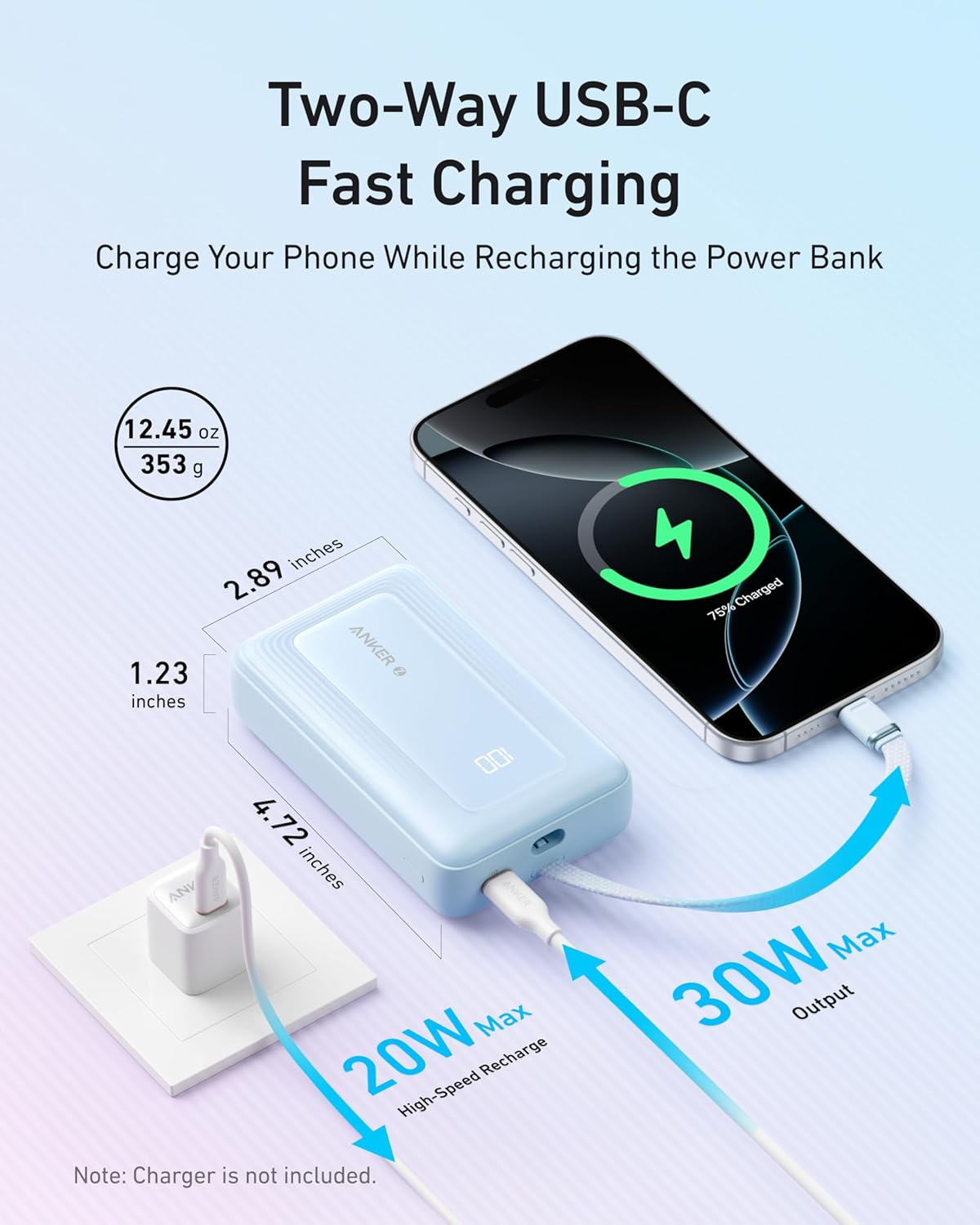 Anker Zolo Power Bank, 20.000 mAh, 30W mit integriertem USB-C-Kabel, 1 USB-C- und A-Kabel,Blau