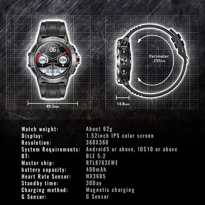 ANSUNG Montre connectée pour hommes avec fonction de téléphone, écran tactile IPS de 1,52 pouces, étanche à 50 m, moniteur d'activité physique, SpO2, moniteur de fréquence intelligent, 400 mAh, grand tracker d'activité extérieur Akku, montre militaire