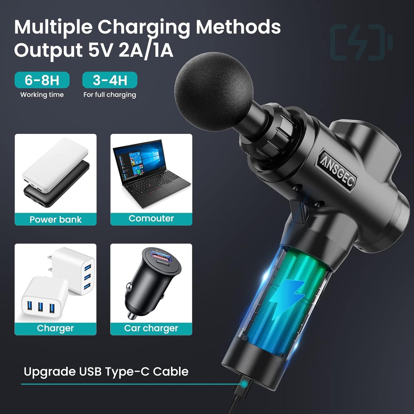 ANSGEC Massagepistole, Massage Gun30 Geschwindigkeiten 8 Köpfe,