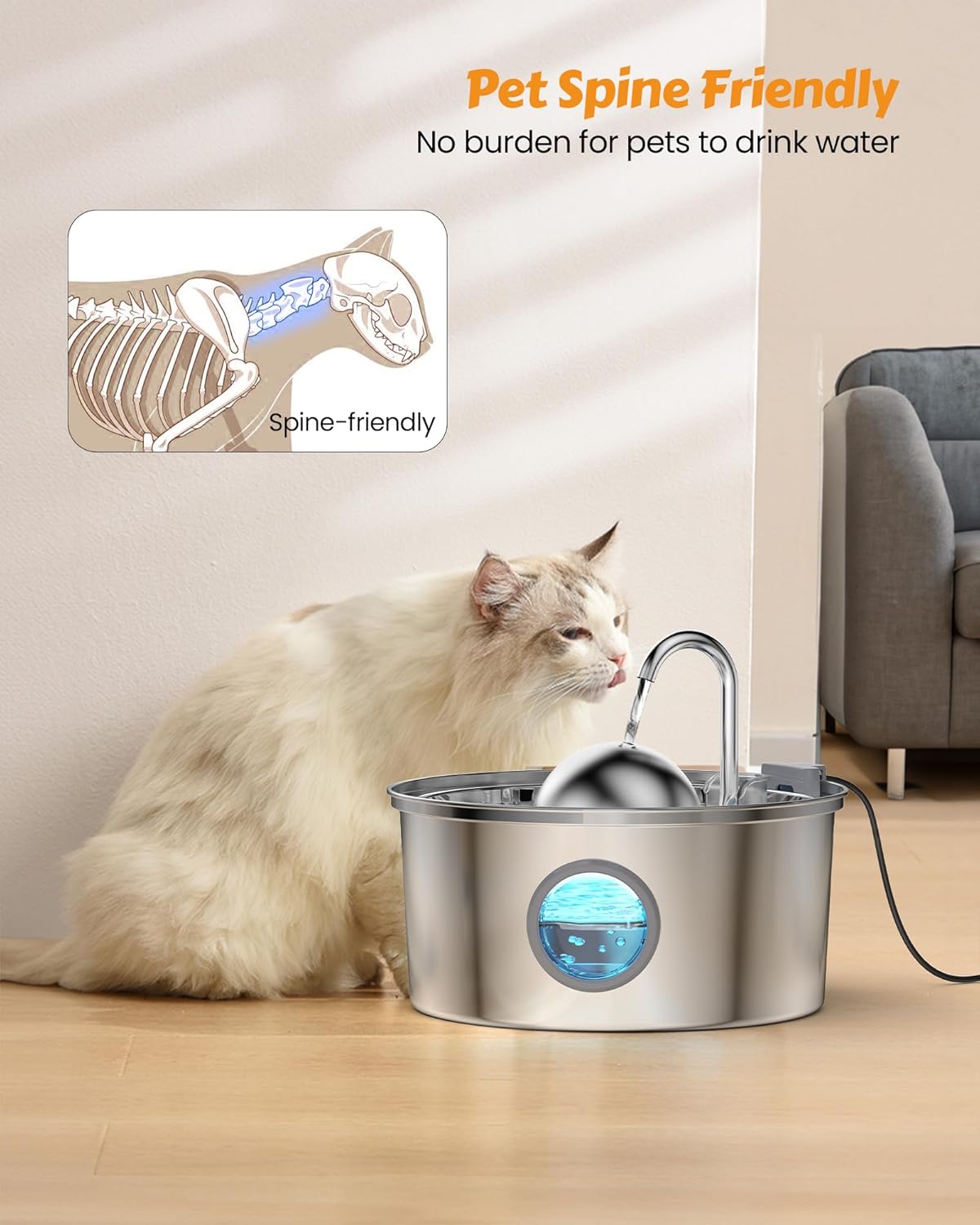 AONBOY Katzen Wasserbrunnen 3.2L, Edelstahl mit Wasserstandsfenster