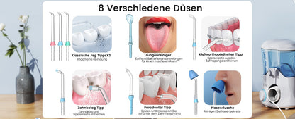 Apiker elektrische Munddusche 600 ml Mundduschen mit 8 multifunktionalen Düsen und 10 verschiedenen Drucken für Mundhygiene, zahnzwischenraumreiniger für Familie und Reise, Oral Irrigator (weiß)