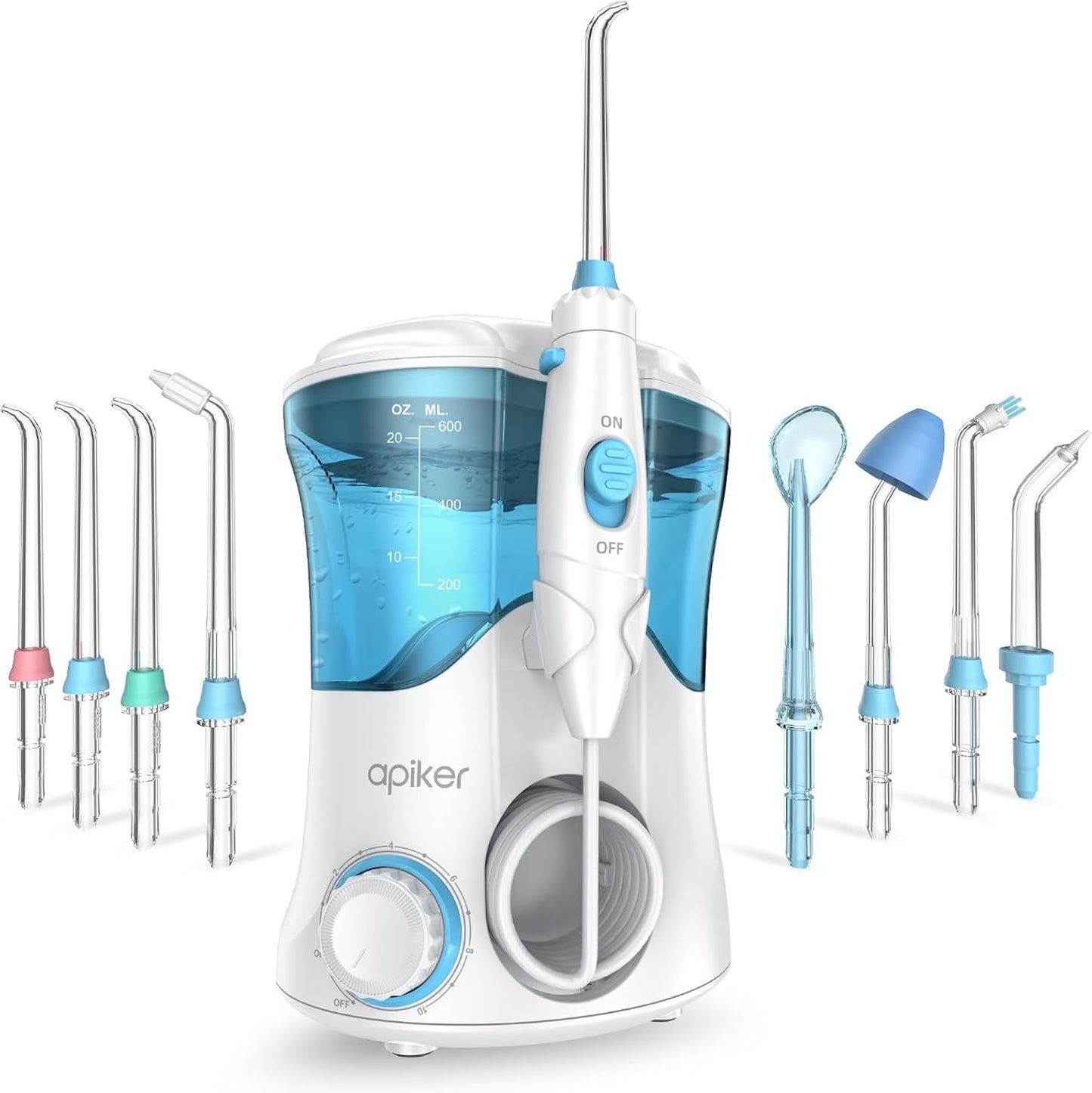Apiker elektrische Munddusche 600 ml Mundduschen mit 8 multifunktionalen Düsen und 10 verschiedenen Drucken für Mundhygiene, zahnzwischenraumreiniger für Familie und Reise, Oral Irrigator (weiß)