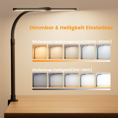 Apmiek Doppelkopf Schreibtischlampe LED, 24W 76CM Klemmbar 3200K-6500K (Schwarz)