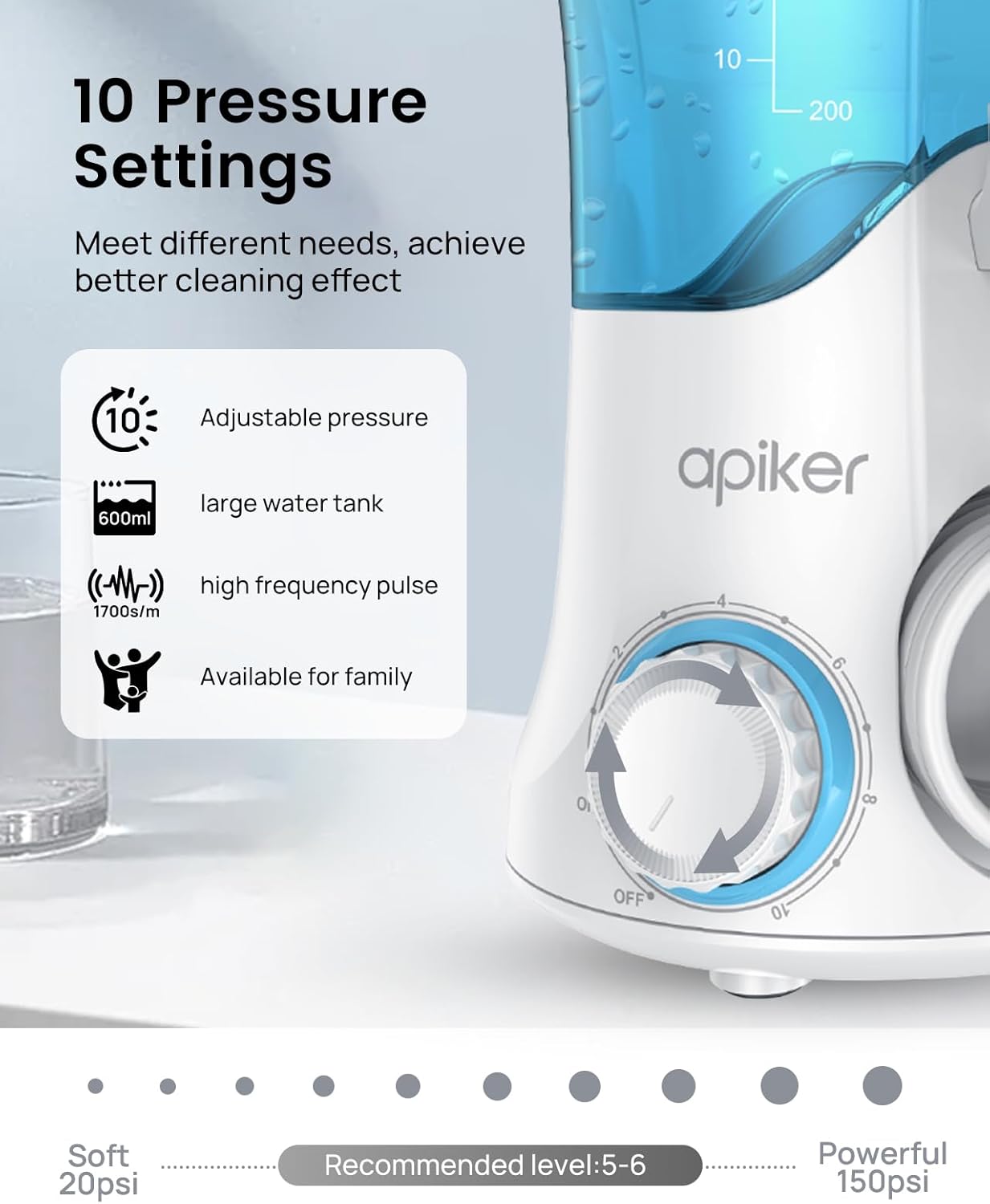 Apiker elektrische Munddusche 600 ml Mundduschen mit 8 multifunktionalen Düsen und 10 verschiedenen Drucken für Mundhygiene, zahnzwischenraumreiniger für Familie und Reise, Oral Irrigator (weiß)