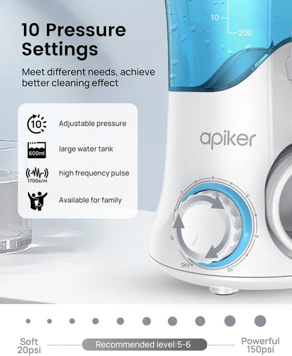 Apiker elektrische Munddusche 600 ml Mundduschen mit 8 multifunktionalen Düsen und 10 verschiedenen Drucken für Mundhygiene, zahnzwischenraumreiniger für Familie und Reise, Oral Irrigator (weiß)