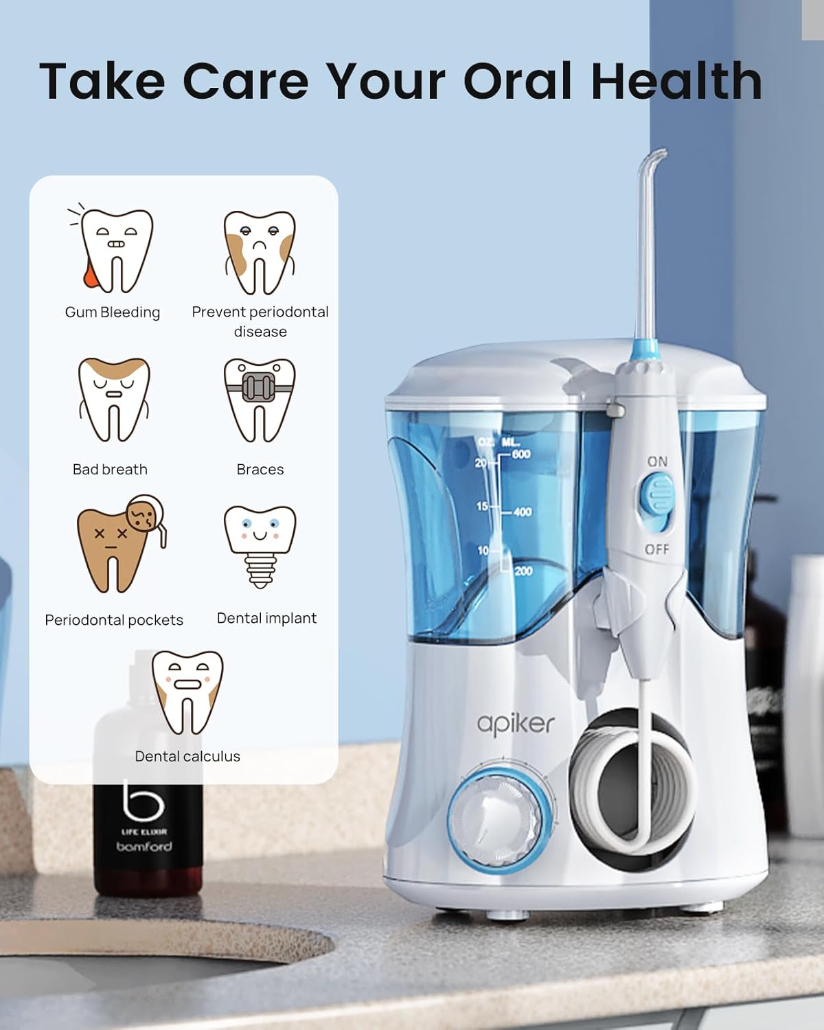 Apiker elektrische Munddusche 600 ml Mundduschen mit 8 multifunktionalen Düsen und 10 verschiedenen Drucken für Mundhygiene, zahnzwischenraumreiniger für Familie und Reise, Oral Irrigator (weiß)