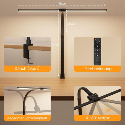 Apmiek Doppelkopf Schreibtischlampe LED, 24W 76CM Klemmbar 3200K-6500K (Schwarz)