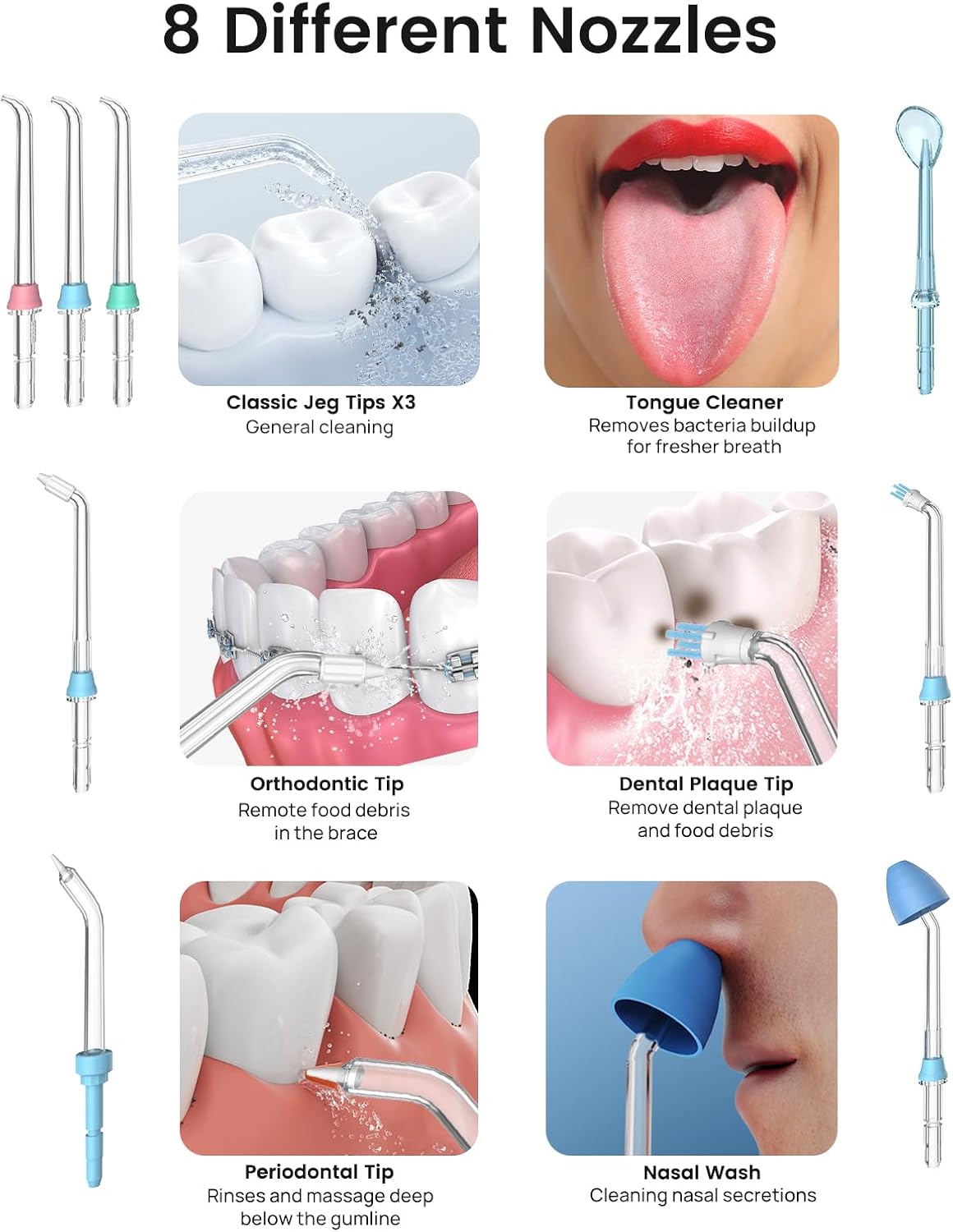 Apiker elektrische Munddusche 600 ml Mundduschen mit 8 multifunktionalen Düsen und 10 verschiedenen Drucken für Mundhygiene, zahnzwischenraumreiniger für Familie und Reise, Oral Irrigator (weiß)