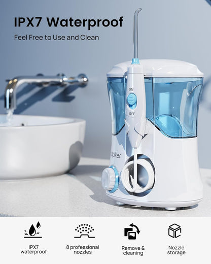 Apiker elektrische Munddusche 600 ml Mundduschen mit 8 multifunktionalen Düsen und 10 verschiedenen Drucken für Mundhygiene, zahnzwischenraumreiniger für Familie und Reise, Oral Irrigator (weiß)