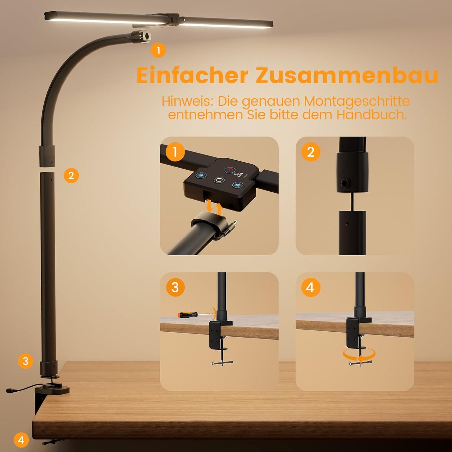 Apmiek Doppelkopf Schreibtischlampe LED, 24W 76CM Klemmbar 3200K-6500K (Schwarz)