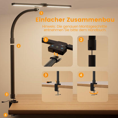 Apmiek Doppelkopf Schreibtischlampe LED, 24W 76CM Klemmbar 3200K-6500K (Schwarz)