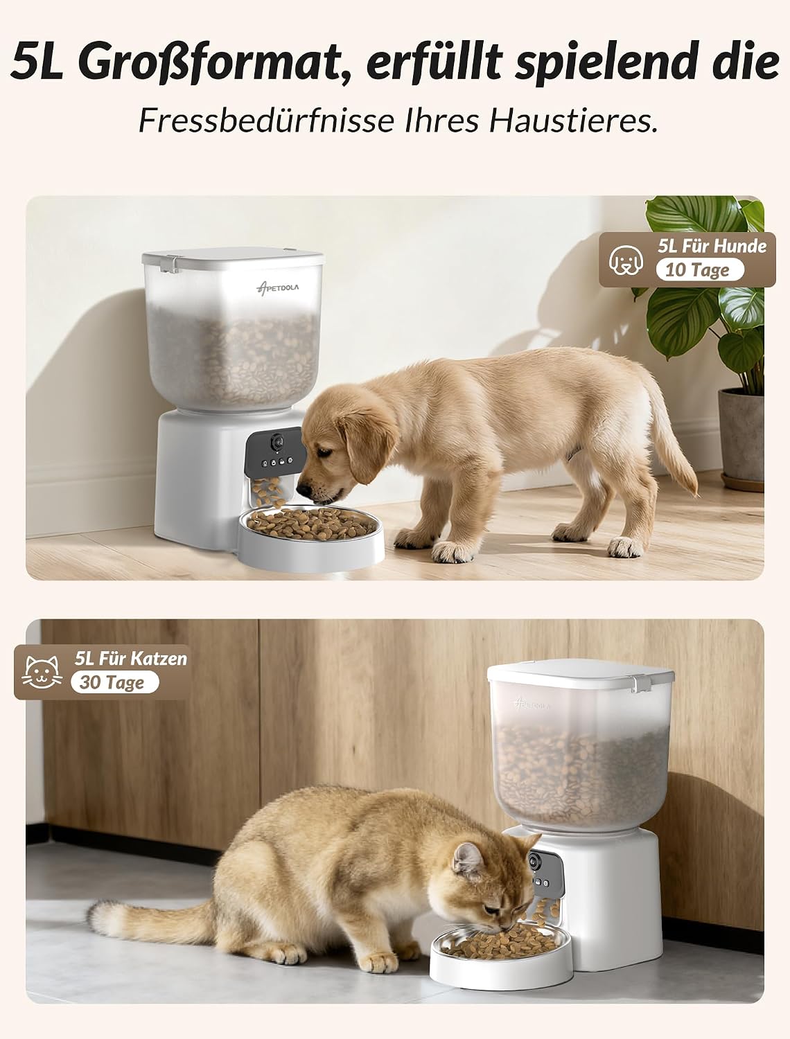 Apetdola Futterautomat Katze Mit Kamera, KI Futterautomat 5L, 1–6 Mahlzeiten