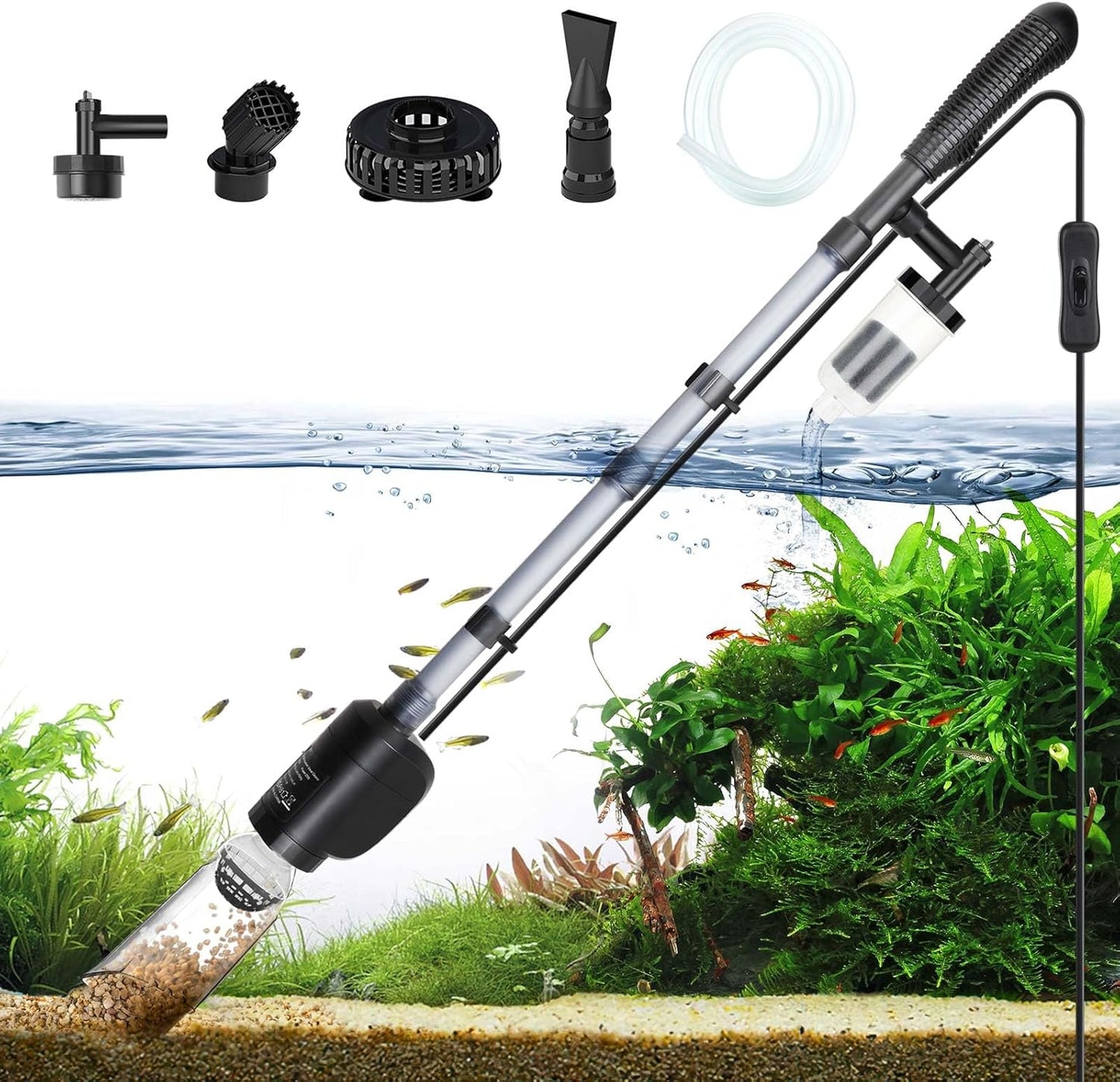 AQQA Elektrischer Aquarium Mulmsauger  und Wasserwechsler 6-in-1 (20 W, 320 GPH)