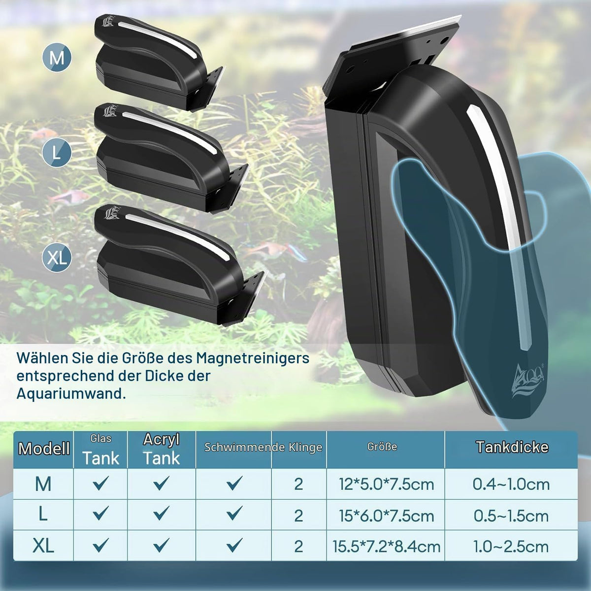 AQQA  Aquarium Scheibenreiniger, Upgrade Starke Magnet für Fischglasbecken (XL)
