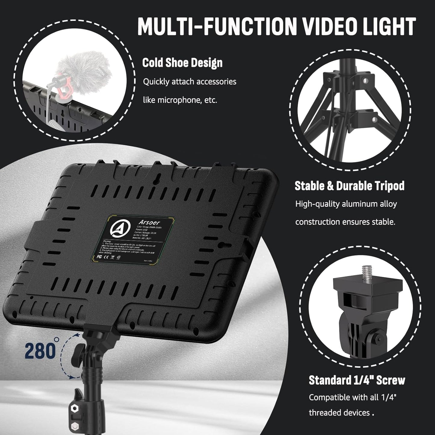 Arsoer Video Licht Set, 2-Pack 25x20 cm 15 W LED Studio Fotolicht, Dimmbares 2800–6500K Kamera Licht