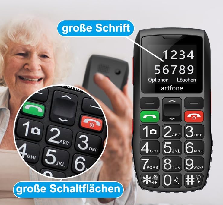 Artfone C1 Seniorenhandy ohne Vertrag,Mobiltelefon mit großen Tasten,GSM Dual,1,8 Zoll ,Schwarz