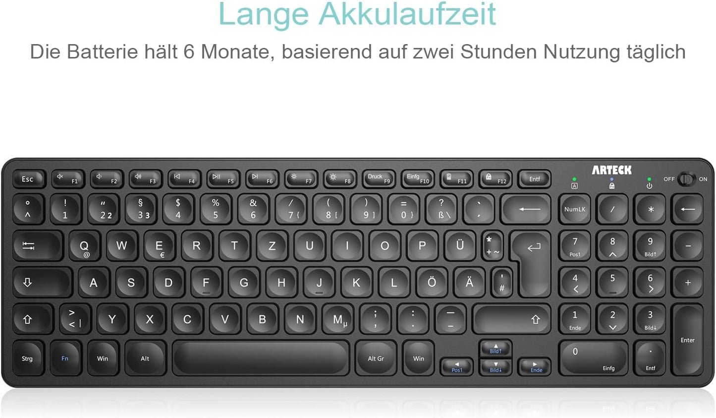 Arteck Kabellose Tastatur, Deutsches QWERTZ Layout 2,4 GHz Schwarz