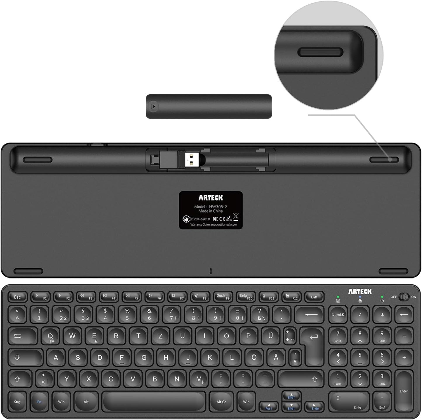 Arteck Kabellose Tastatur, Deutsches QWERTZ Layout 2,4 GHz Schwarz