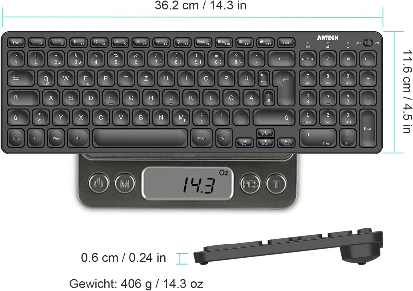 Arteck Kabellose Tastatur, Deutsches QWERTZ Layout 2,4 GHz Schwarz