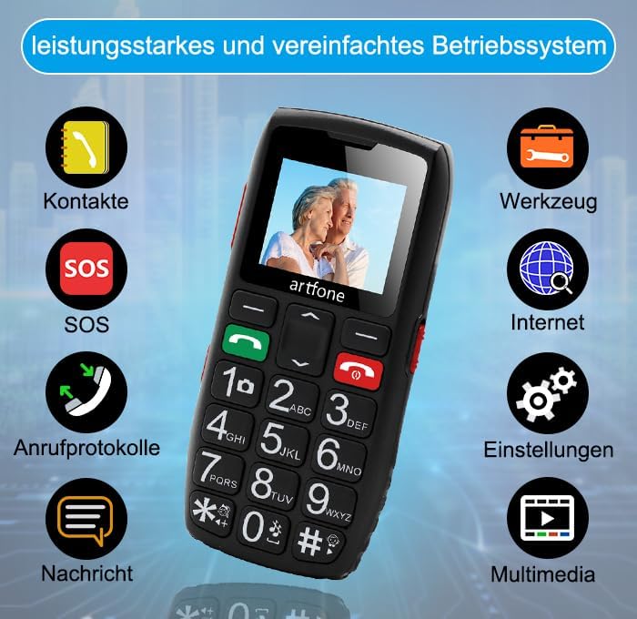 Artfone C1 Seniorenhandy ohne Vertrag,Mobiltelefon mit großen Tasten,GSM Dual,1,8 Zoll ,Schwarz