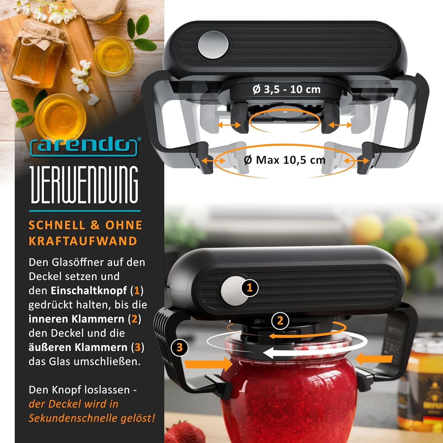 Arendo Automatischer Glasöffner, Elektrischer Deckelöffner Ouvre-bocal Noir
