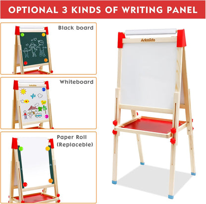 Bâton double face pour enfants Arkmiido avec table, tableau blanc et rouleau de papier pour cadeaux pour enfants, cadeaux de Noël (FBT04)