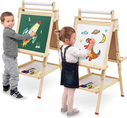 ARKMIIDO Kinder-Staffelei aus Holz, Kunststaffelei, verstellbar, Stehstaffelei, doppelseitig, Zeichenstaffelei mit Papierrolle, Kreidetafel und Whiteboard,